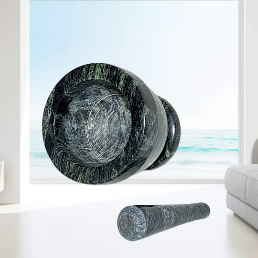 Black with Light Green Accdnts Marble Mortar and Pestle Set - Picture 2 of 6